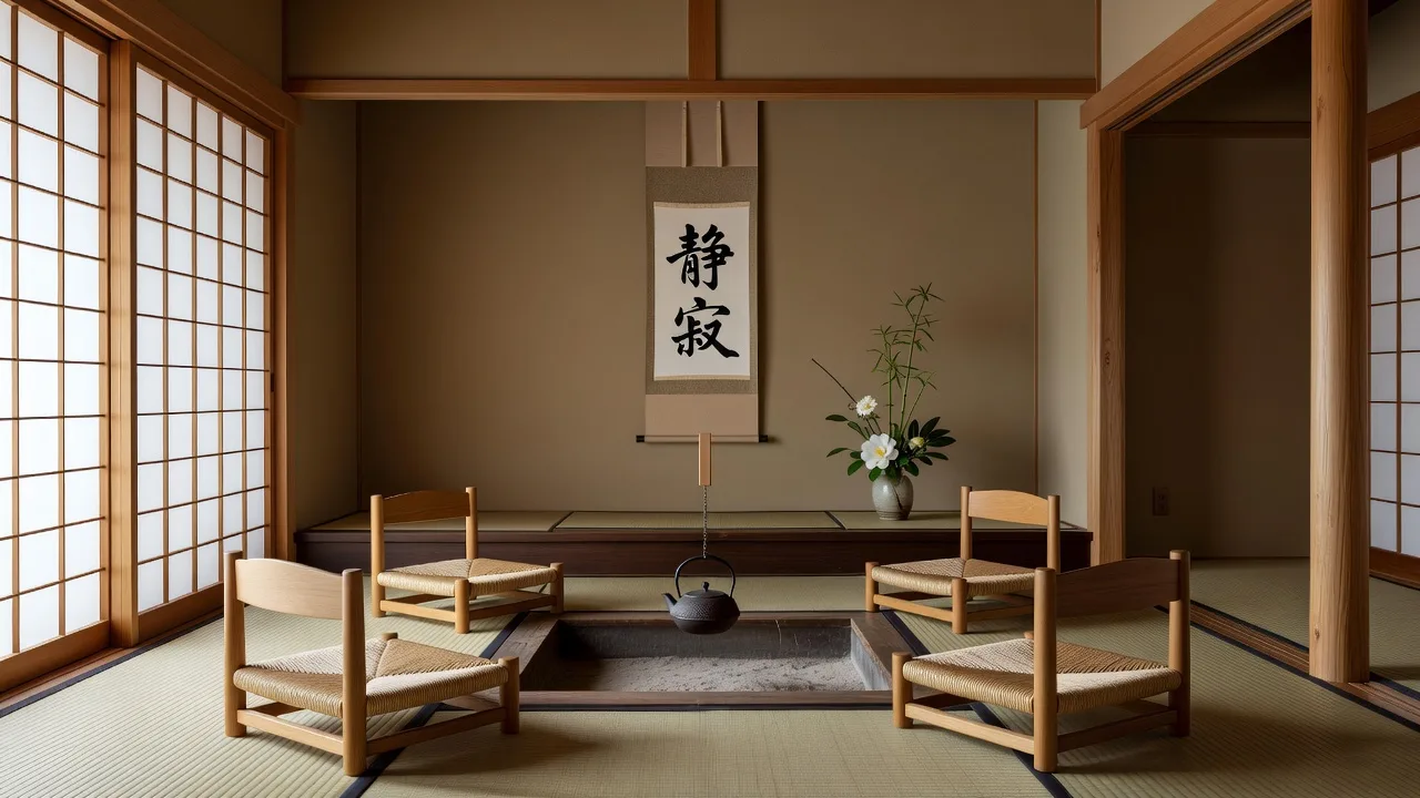 囲炉裏のある現代日本の茶室内観
