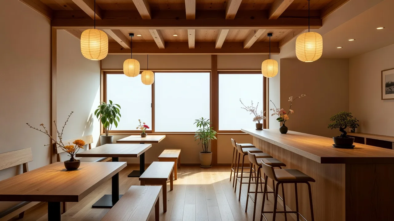 木製カウンターのある小さな日本のカフェ内観