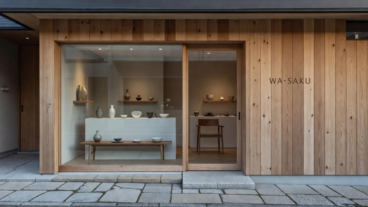 杉材を使った小さな日本のデザインブティックの店構え